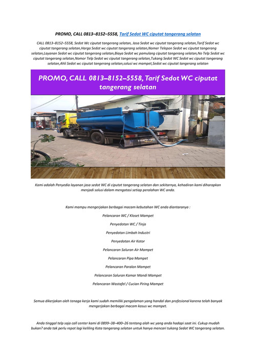 PROMO, CALL 0813–8152–5558, Tarif Sedot WC ciputat tangerang