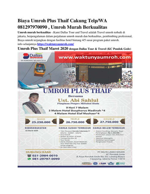 Biaya Umroh Plus Thaif Cakung Telp/WA 081297970090