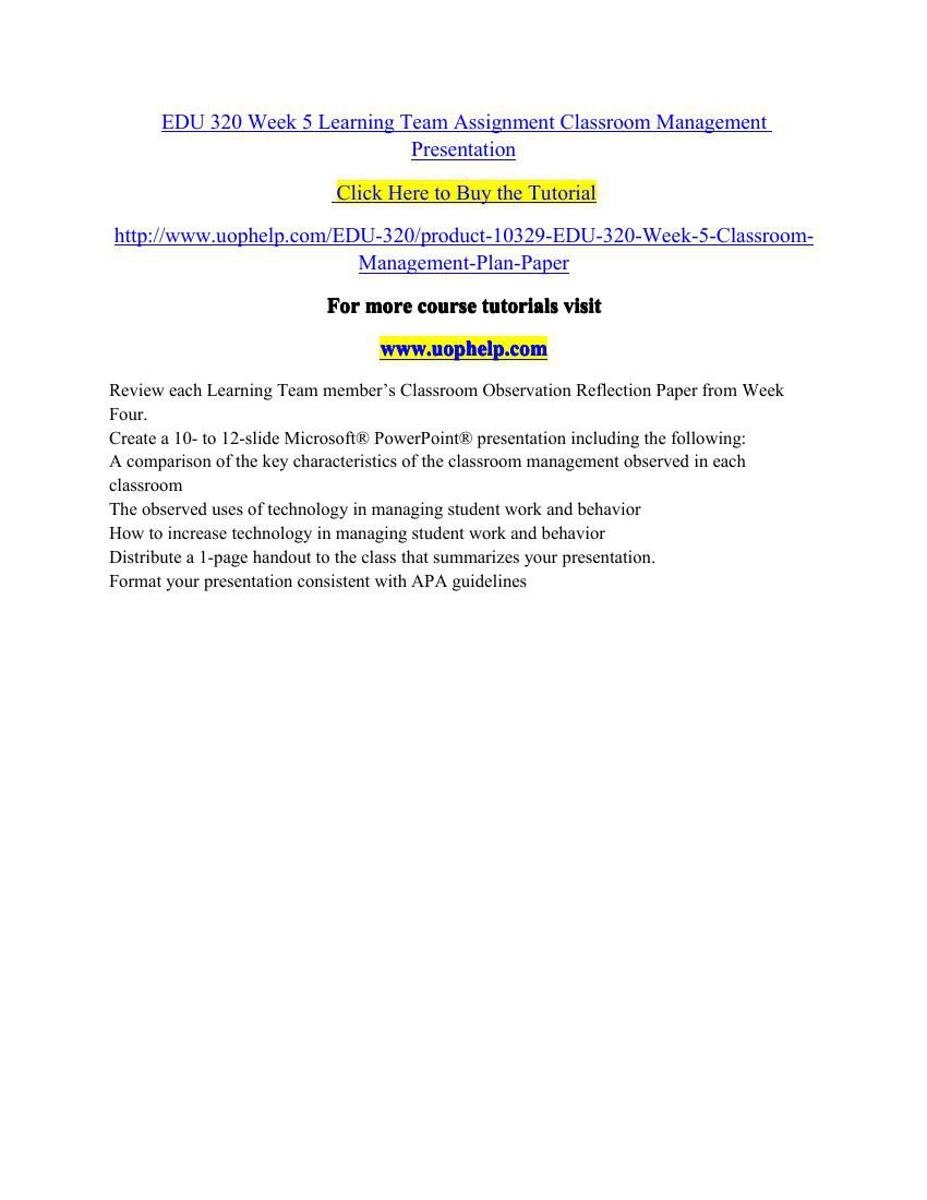 EDU 320 Week 5 Learning Team Assignment Classroom Management Pre by ...