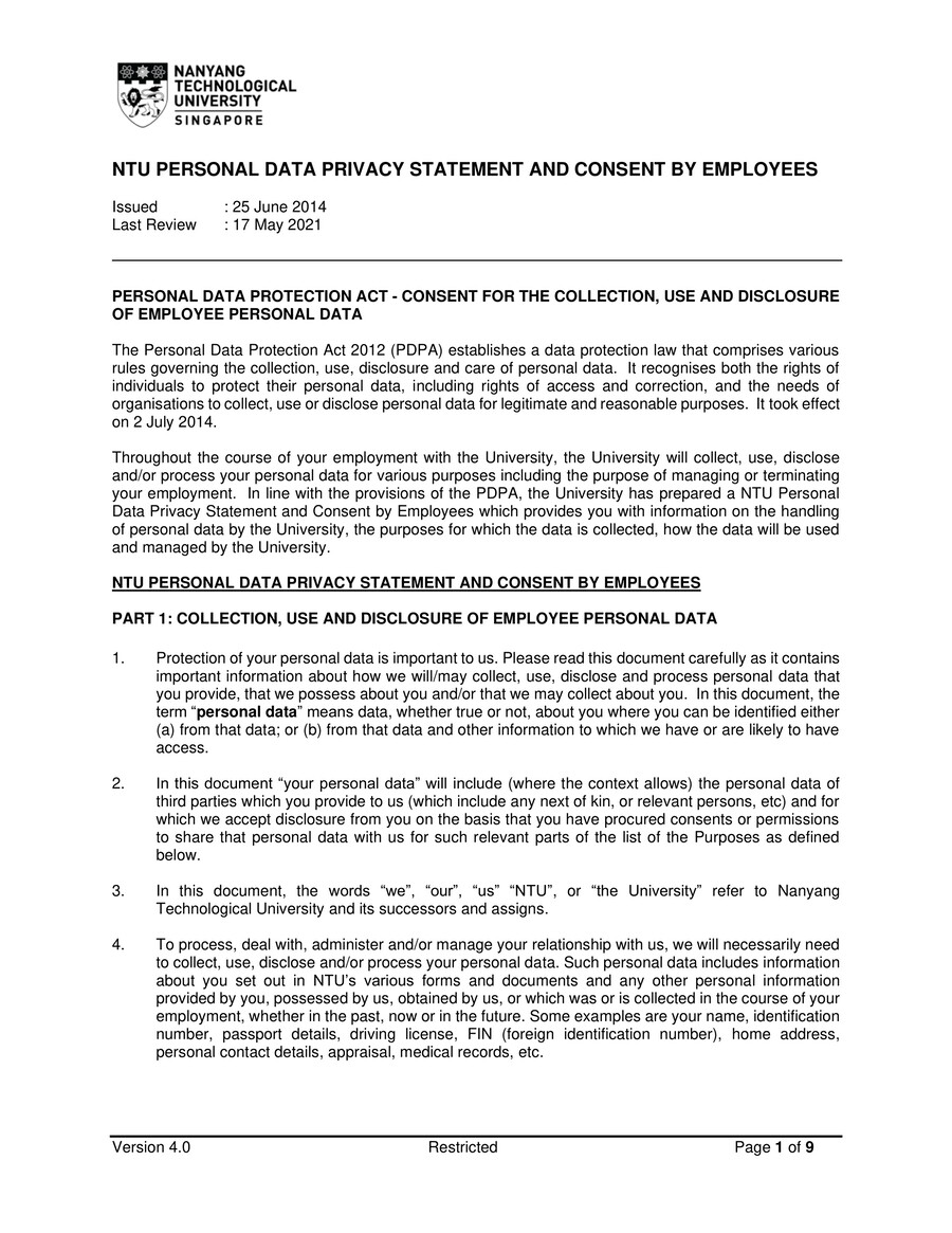 NTU Personal Data Privacy Statement and Consent by Employees by NTU