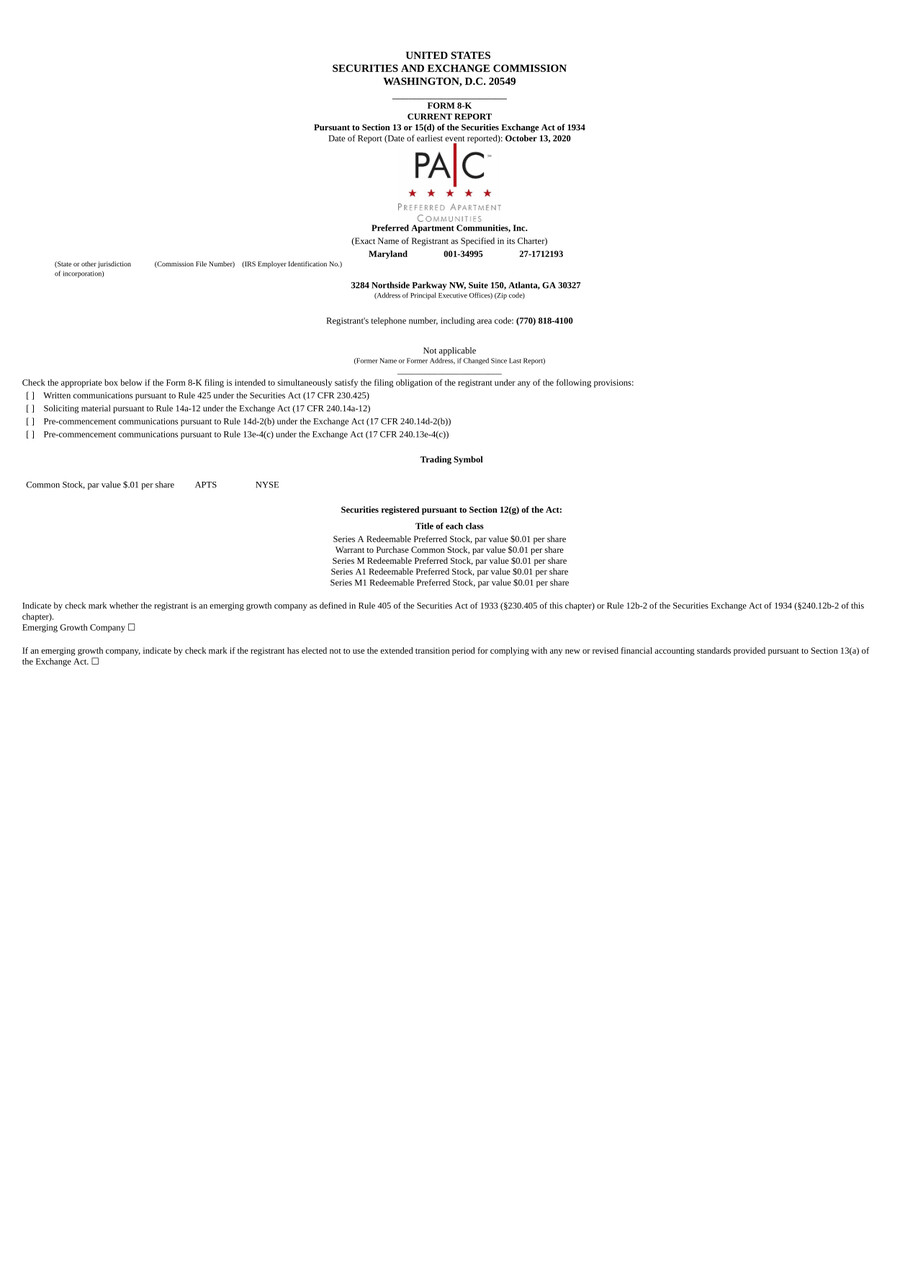 APTS (Preferred Apartment Communities Inc.) (8K) 2020101 by PAC