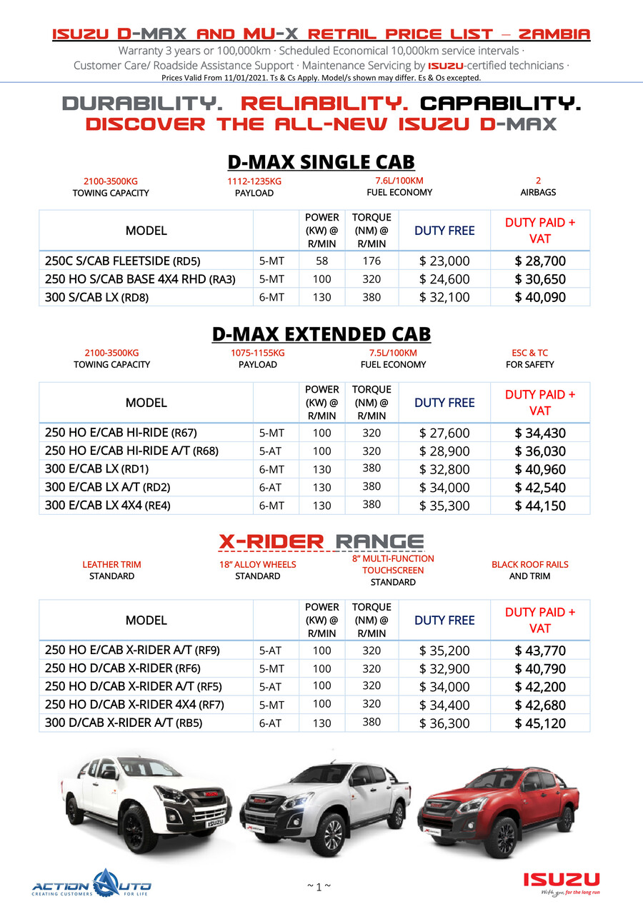 ACTION AUTO ZAMBIA ISUZU RETAIL PRICE LIST_2021.01 by Lilia