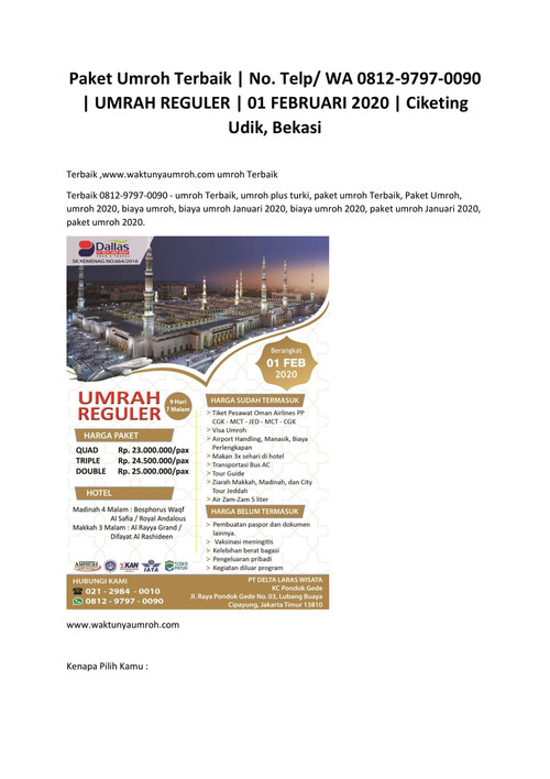 UMRAH REGULER  01 FEBRUAR 2020  Jatiasih, Bekasi