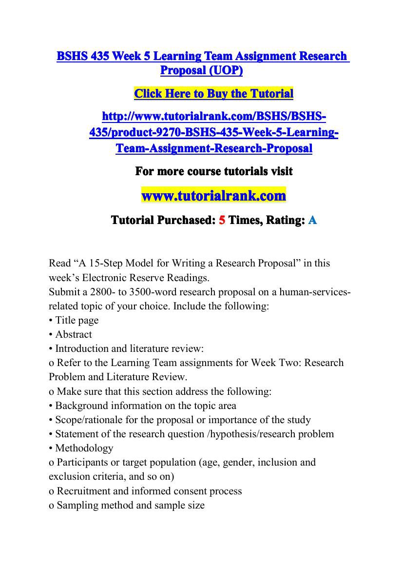 BSHS 435 Week 5 Learning Team Assignment Research Proposal (UOP) by ...