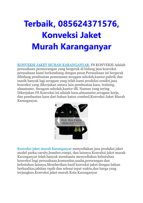 Terbaik, 085624371576, Konveksi Jaket Murah Karanganyar