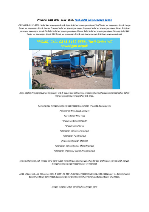 PROMO, CALL 0813–8152–5558, Tarif Sedot WC sawangan depok