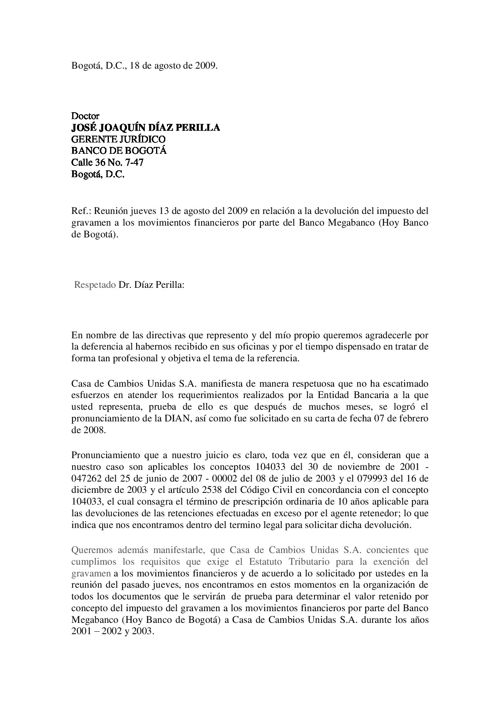 Carta Banco de Bogota. Dr. Diaz Perilla. 18 de agosto de 2009 (1 by