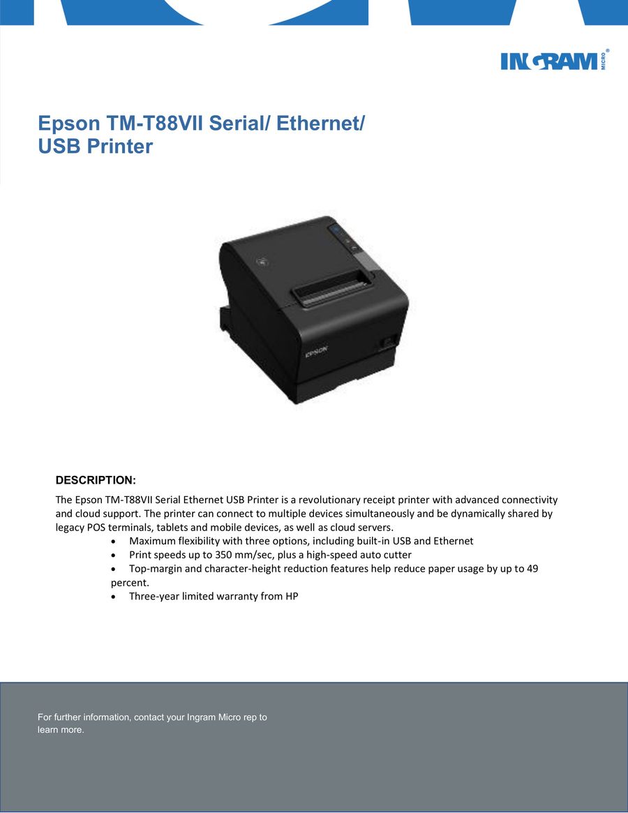 Epson TM-T88VII Serial- Ethernet- USB Printer by Ingram Micro...