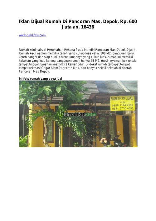 Iklan Dijual Rumah Di Pancoran Mas, Depok, Rp. 600 Juta an, 1643