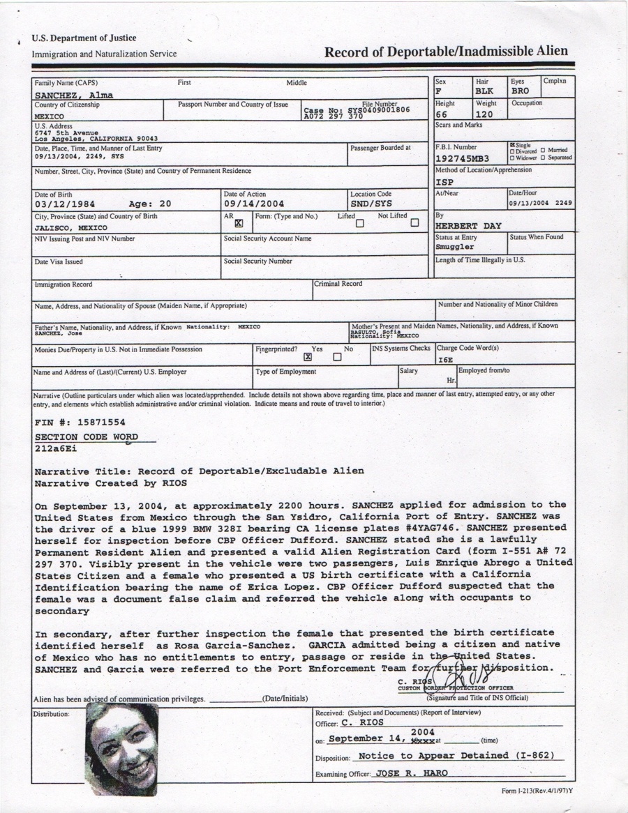 Form I 213 Record Of Deportable Inadmissible Alien