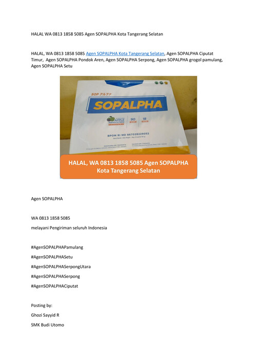 HALAL WA 0813 1858 5085 Agen SOPALPHA Kota Tangerang Selatan