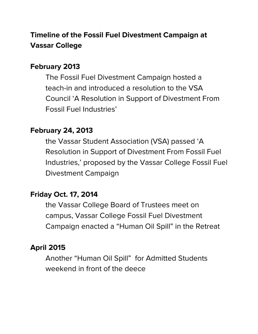 Timeline of the Fossil Fuel Divestment Campaign at Vassar by Seed