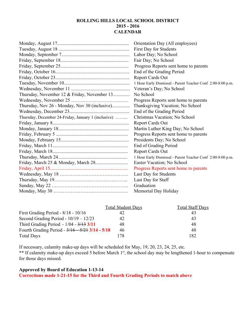 201516 Rolling Hills Local School District Calendar by Jason Flipsnack