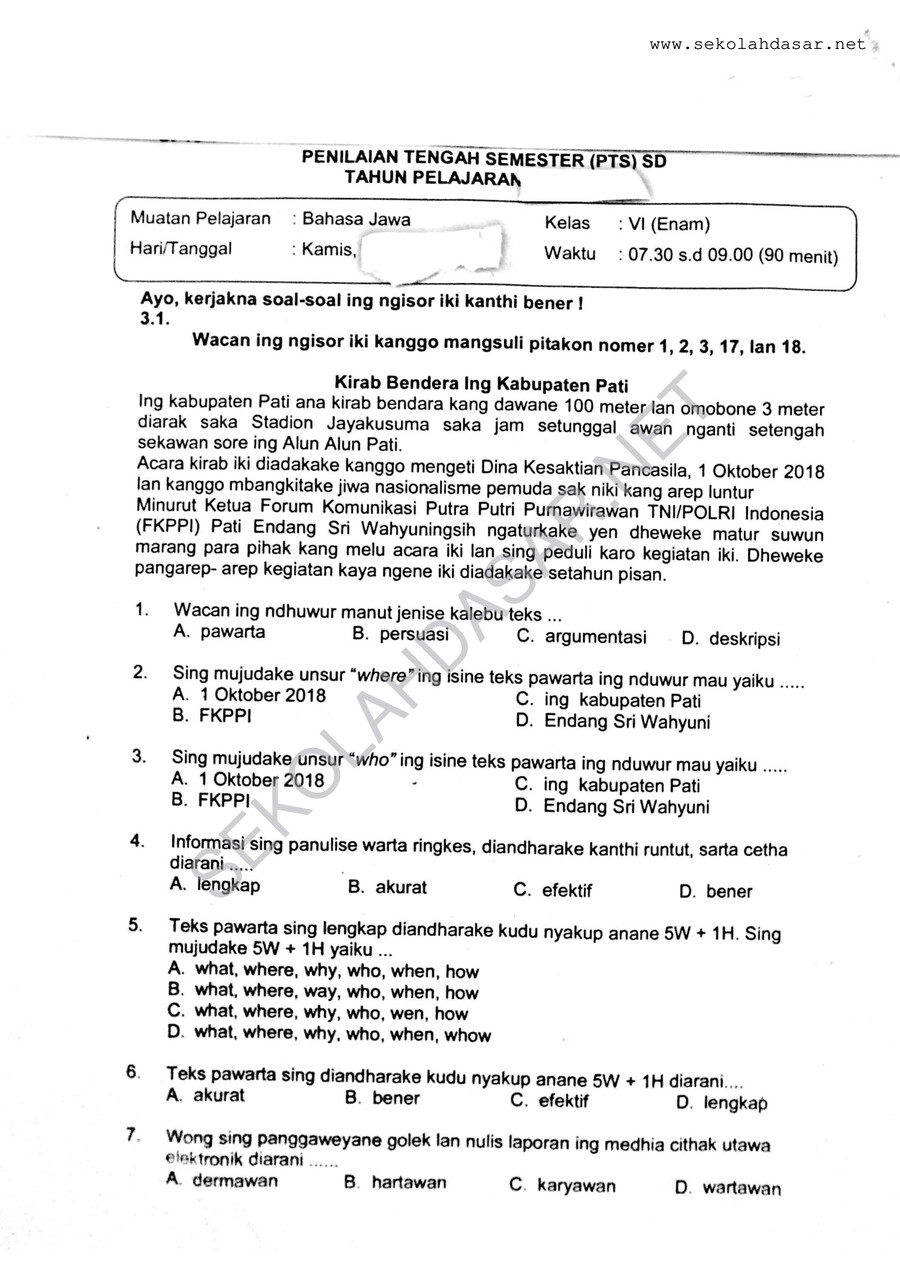 Soal Bahasa Jawa Kelas 6 Semester 1