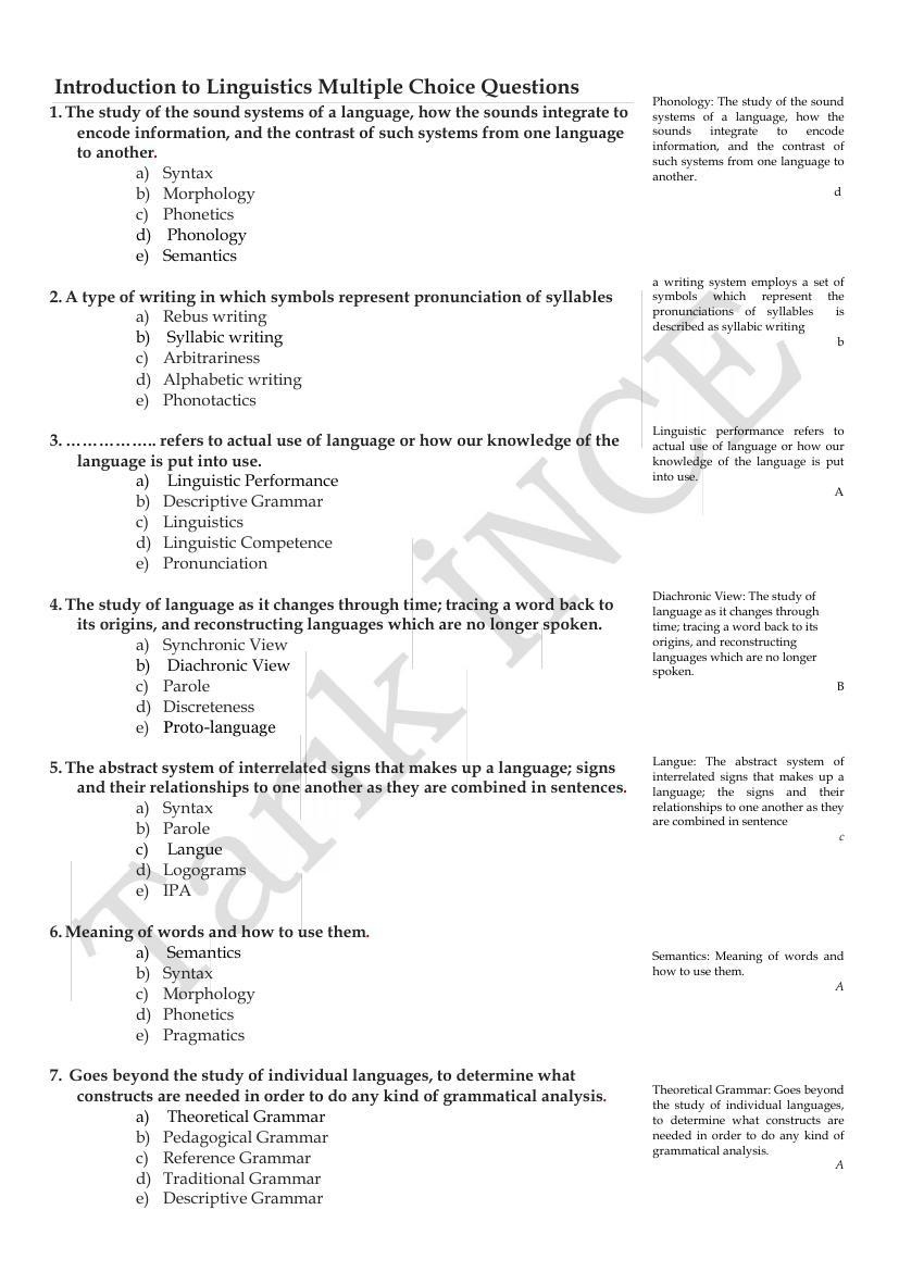 Introduction to Linguistics Multiple Choice Questions by Sns-Brigh10