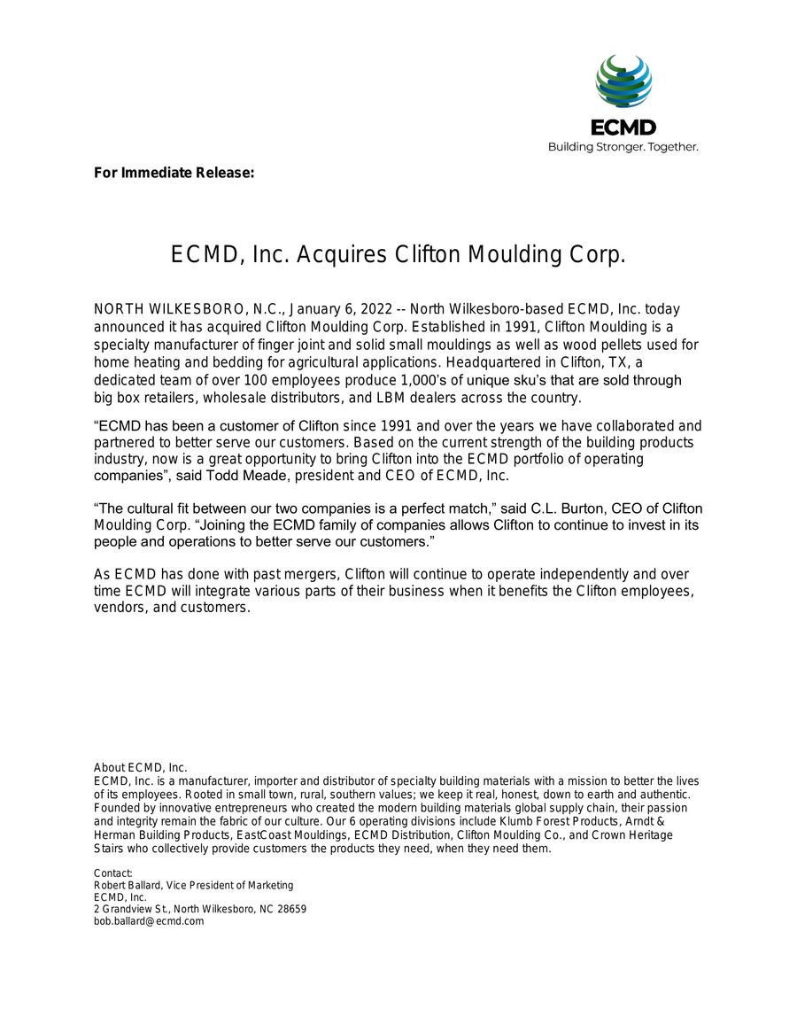 ECMD, Inc. Acquires Clifton Moulding Corp. by ECMD, Inc. Flipsnack