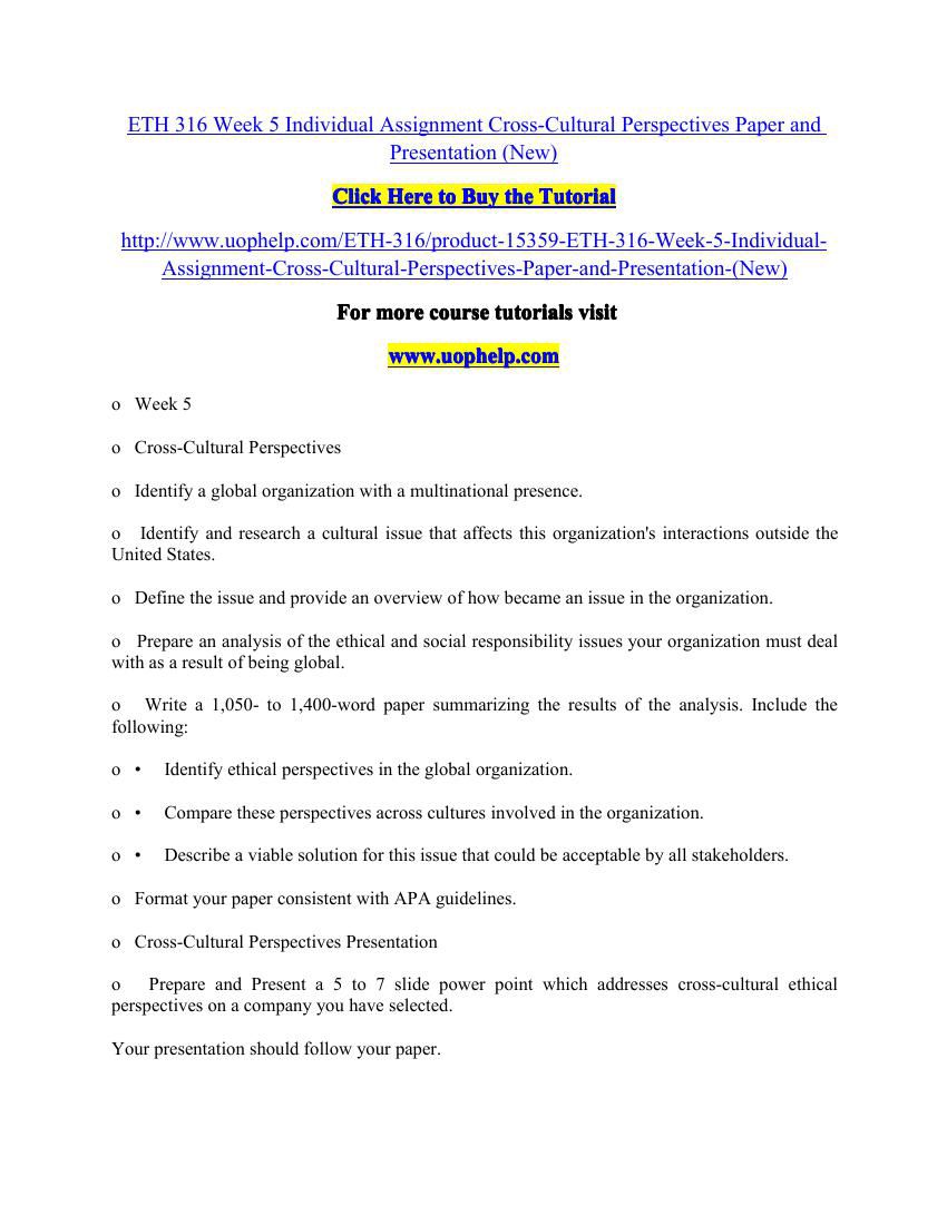 ETH 316 Week 5 Individual Assignment Cross-Cultural Perspectives by ...