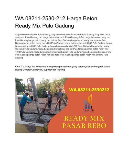 WA 08211-2530212 Harga Beton Ready Mix Pulo Gadung