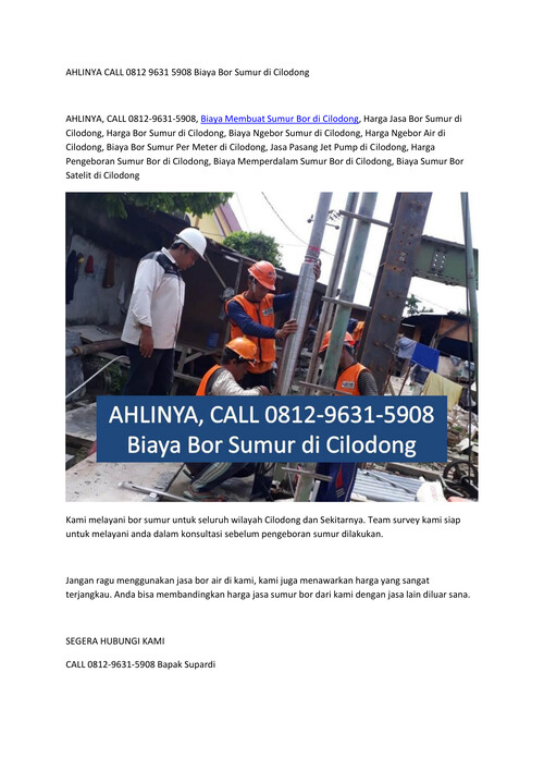 AHLINYA CALL 0812 9631 5908 Biaya Bor Sumur di Cilodong