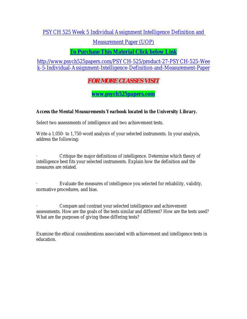 PSYCH 525 Week 5 Individual Assignment Intelligence Definition a by ...