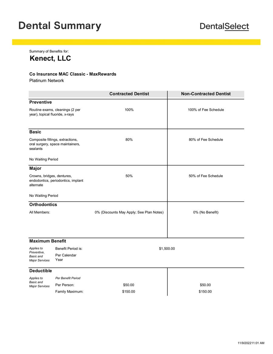 Kenect Dental Select Dental Summary 2023 by GBS Benefits