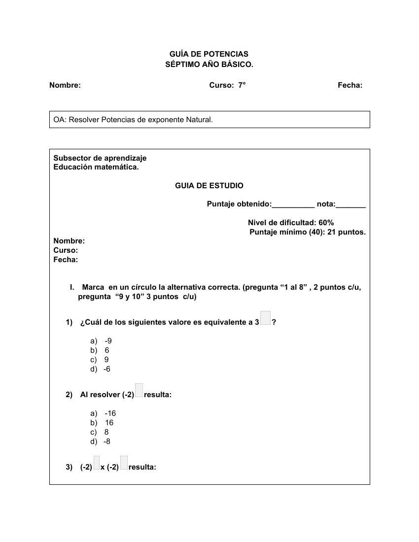 Guía De Potencias Séptimo Año Básico By Alexis Aguila Flipsnack