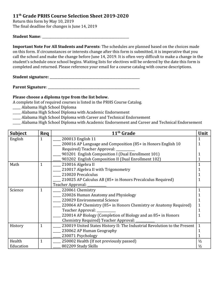 11th Grade PRHS Course Selection Sheet 2019 (2) by Turkessia Flipsnack