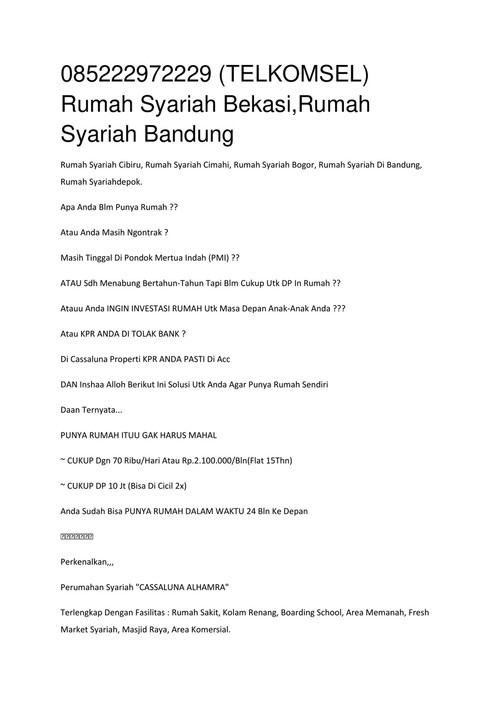 085222972229 (TELKOMSEL) Rumah Syariah Bekasi, Rumah Syariah