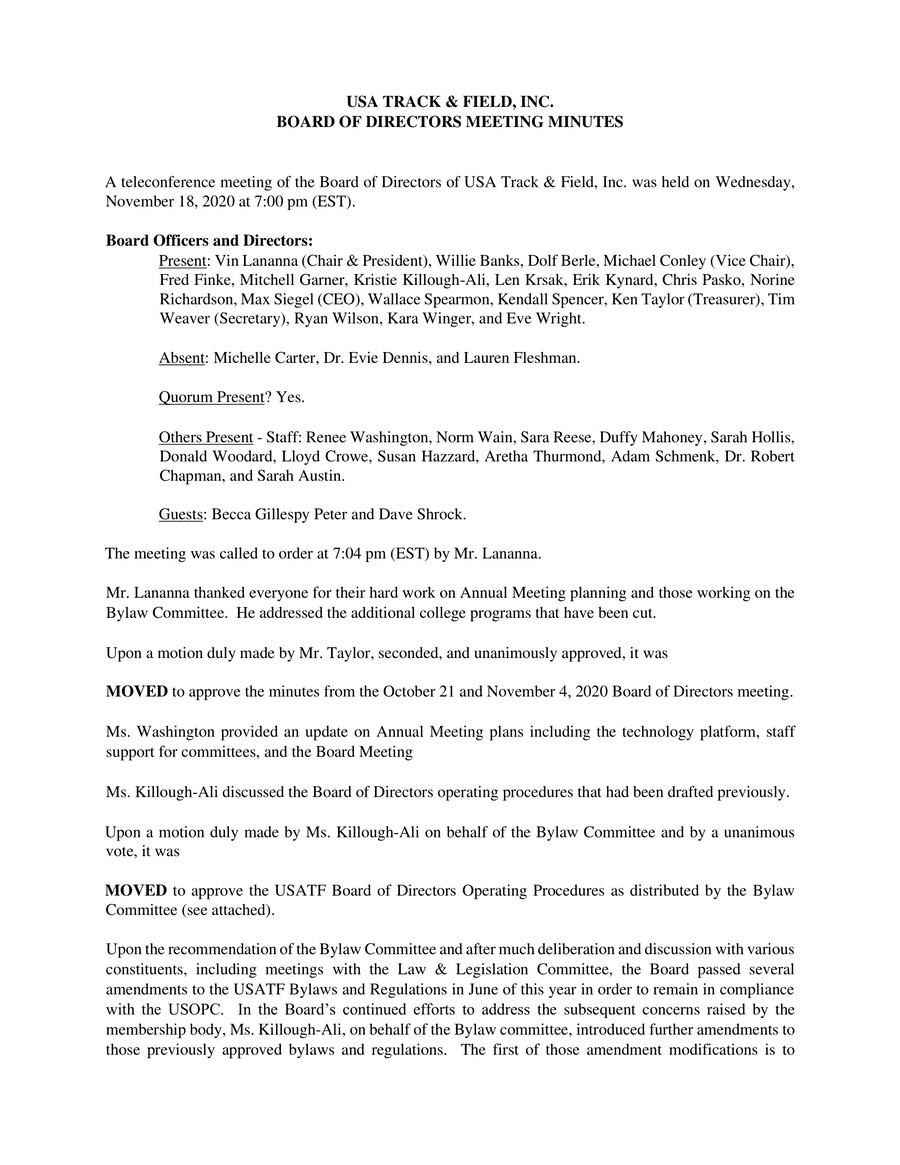 USATF Board of Directors Meeting Minutes Nov 18 2020 by sarah.linehan