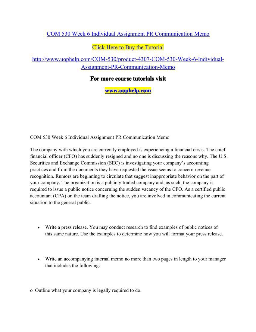 COM 530 Week 6 Individual Assignment PR Communication Memo by ...