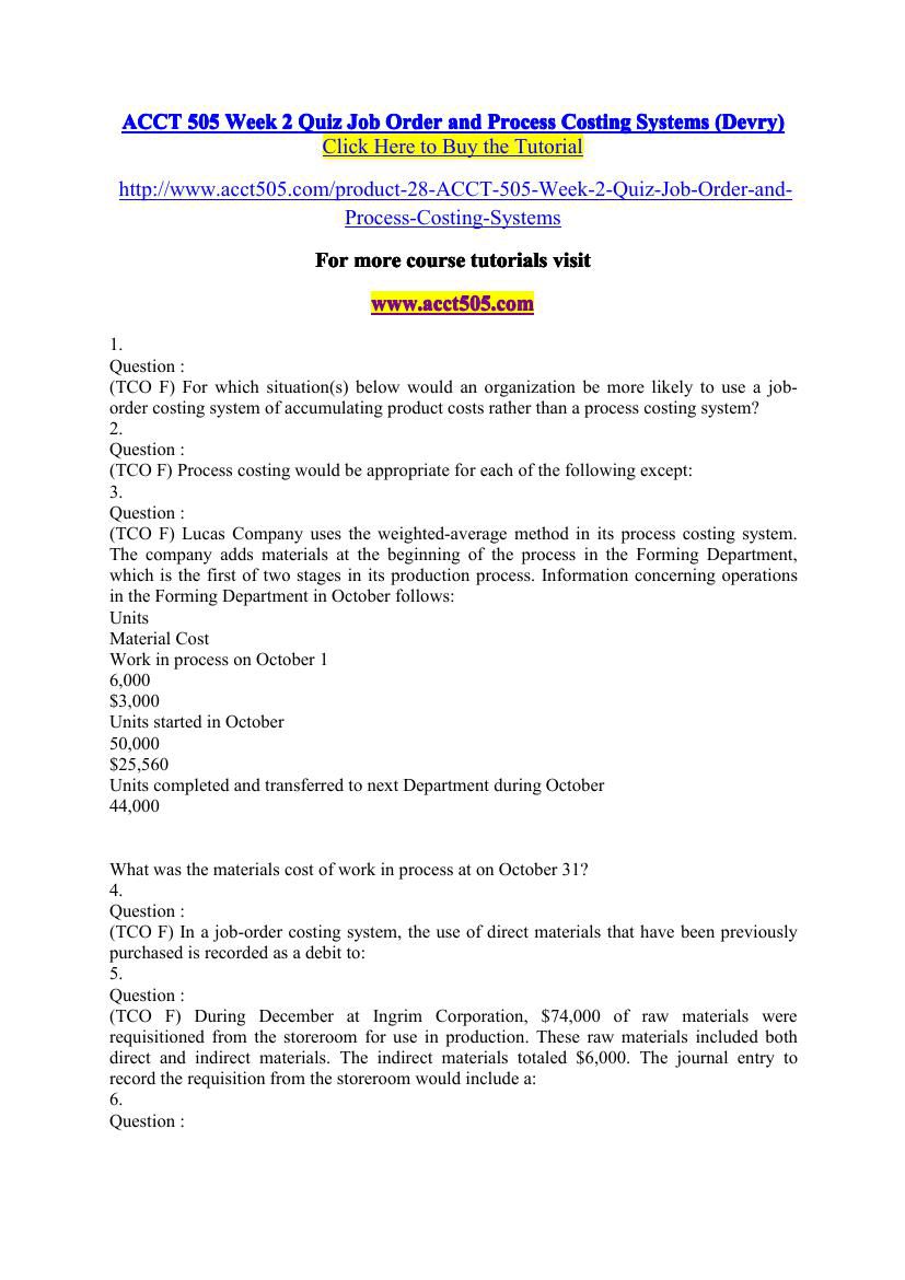 ACCT 505 Week 2 Quiz Job Order and Process Costing Systems