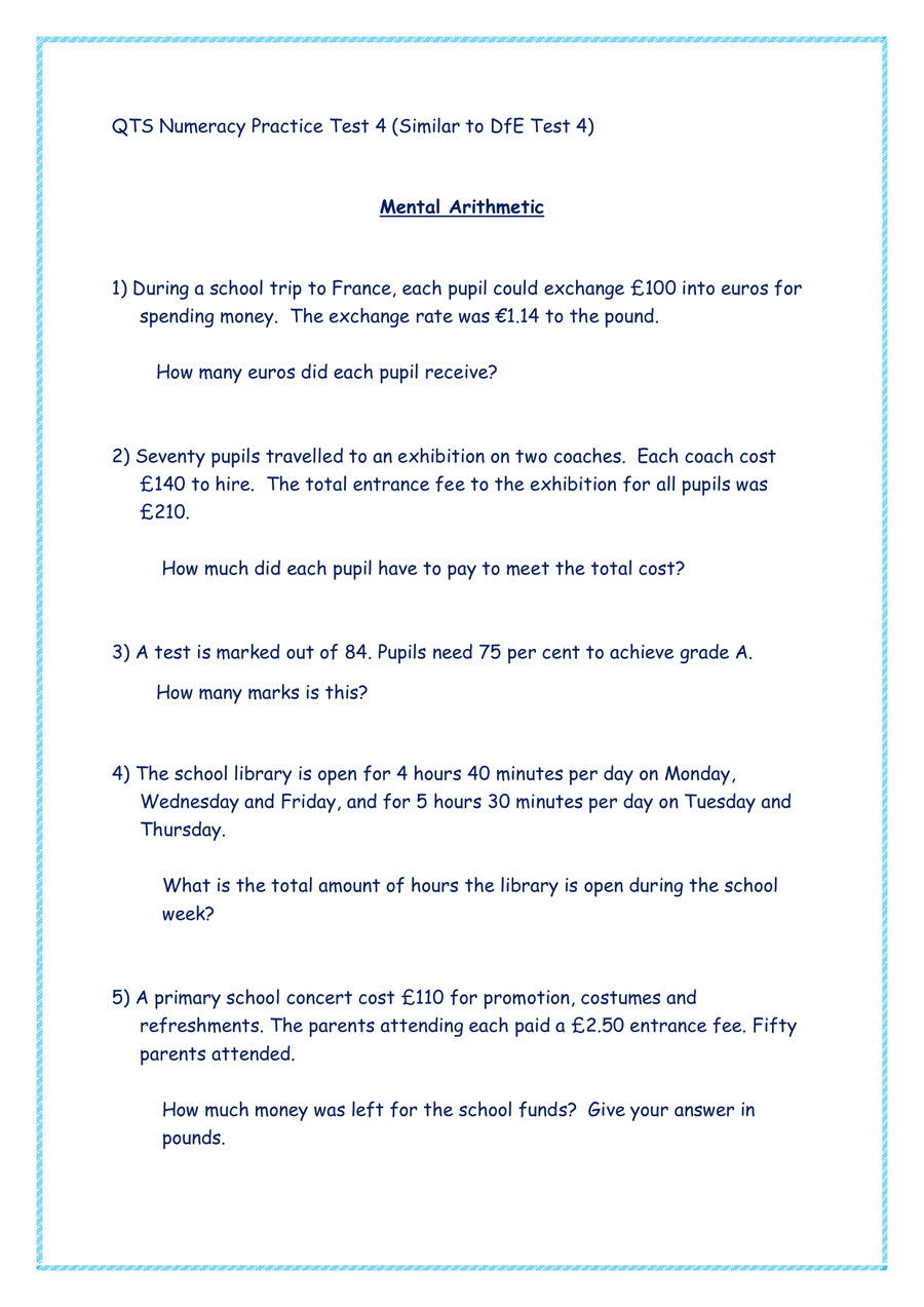 QTS Numeracy Practice Test 4 (Similar to DfE Test 4) by Peter Godden ...