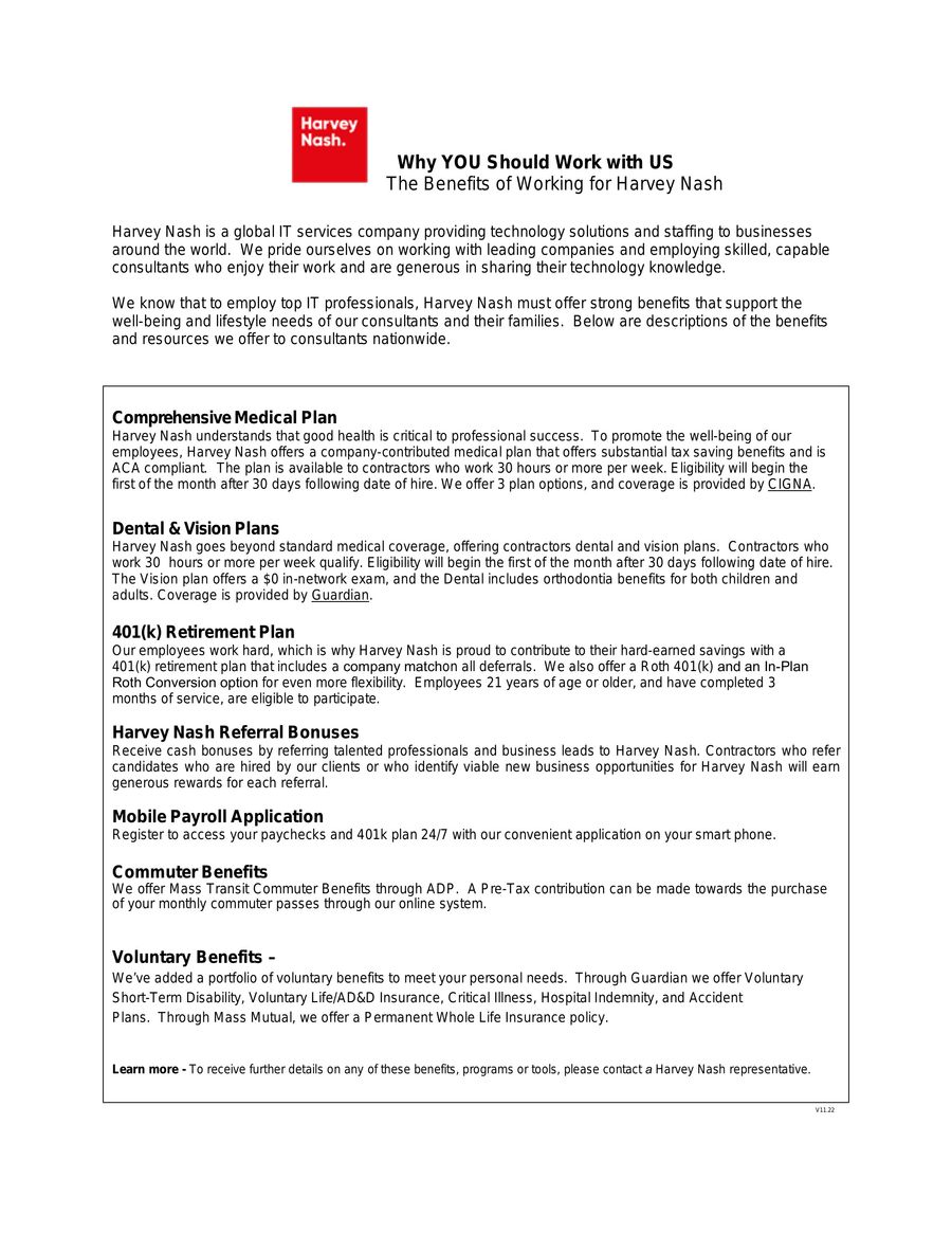 Harvey Nash Benefits Summary Why YOU Should Work with US by lisa.keiser