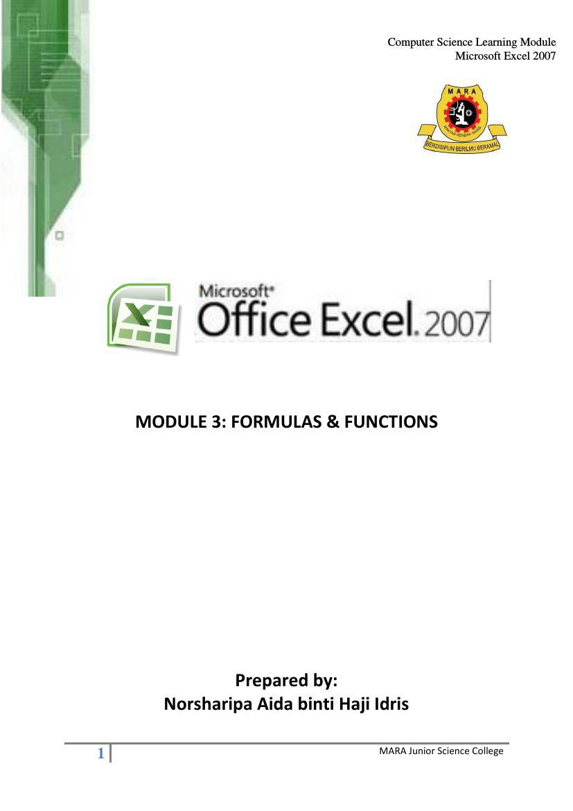 EXCEL 2007 MODUL 3 - FORMULAS AND FUNCTION by Kskmrsm Mara - Flipsnack
