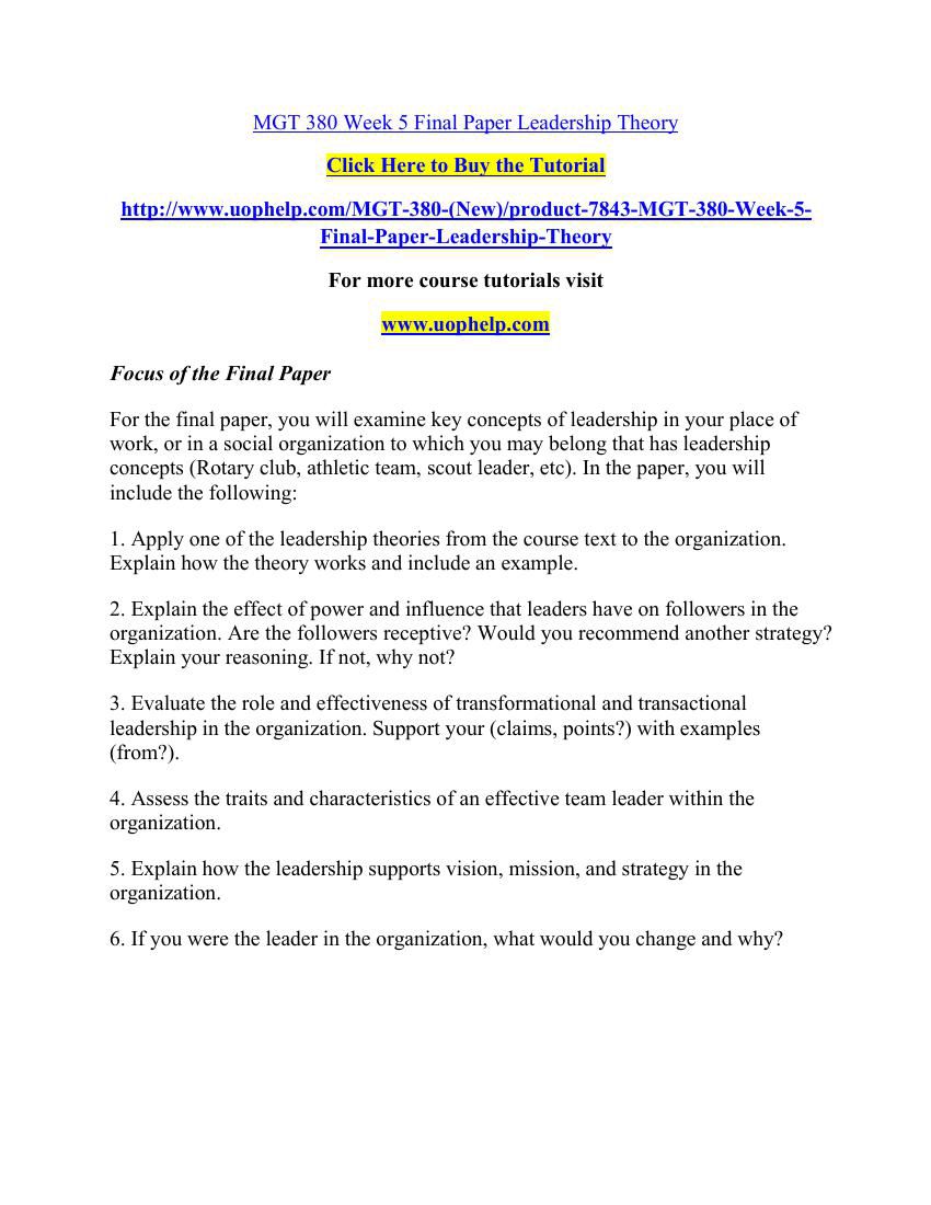 MGT 380 Week 5 Final Paper Leadership Theory By Rocks147 Flipsnack