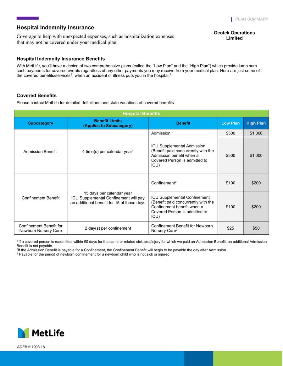 GeoTek MetLife Hospital Indemnity Plan Summary by McGriff All