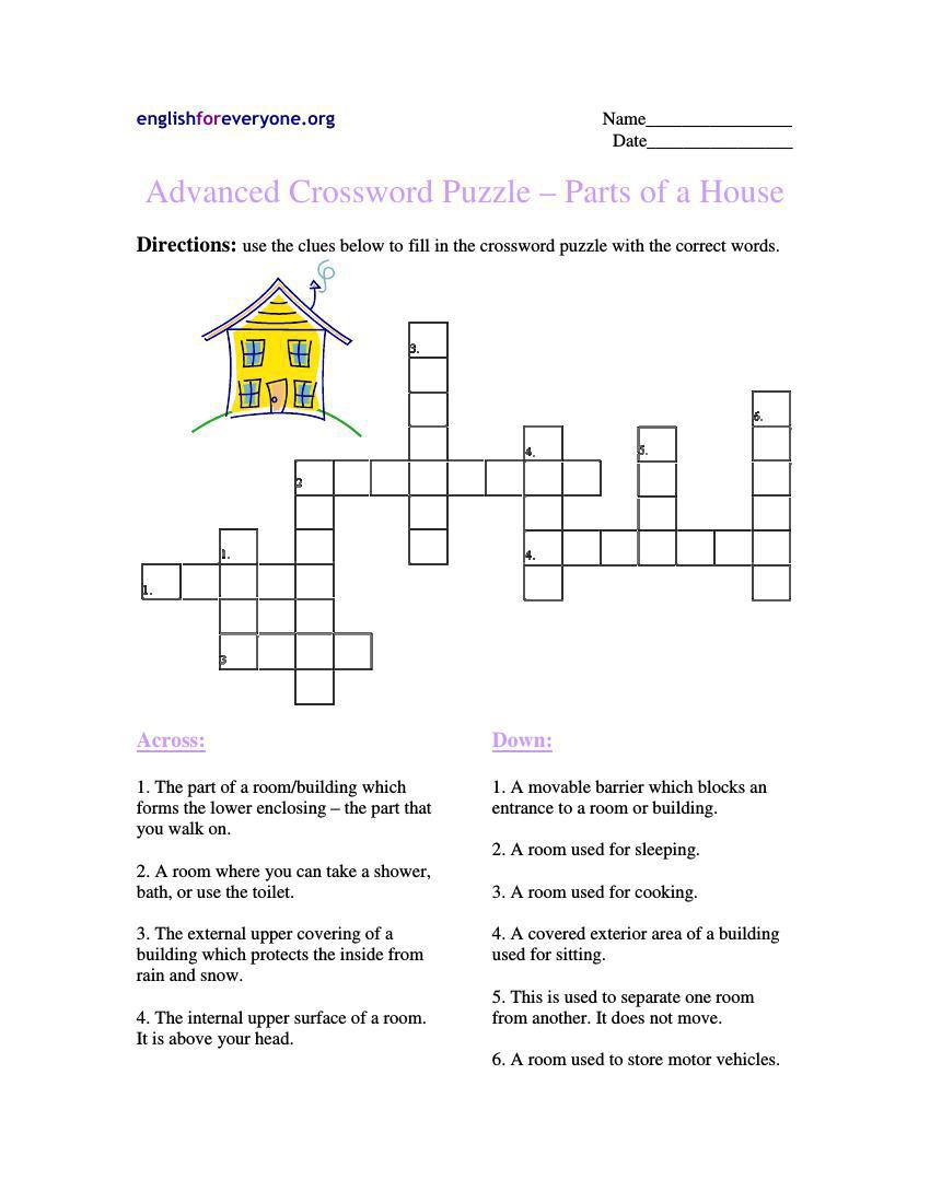 Advanced Crossword Puzzle Parts of a House by ser ln Flipsnack