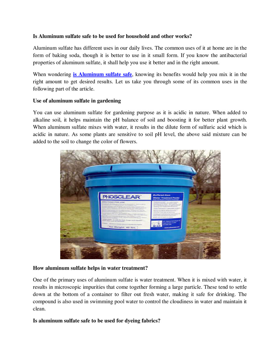 Is Aluminum sulfate safe to be used for household and other by phos