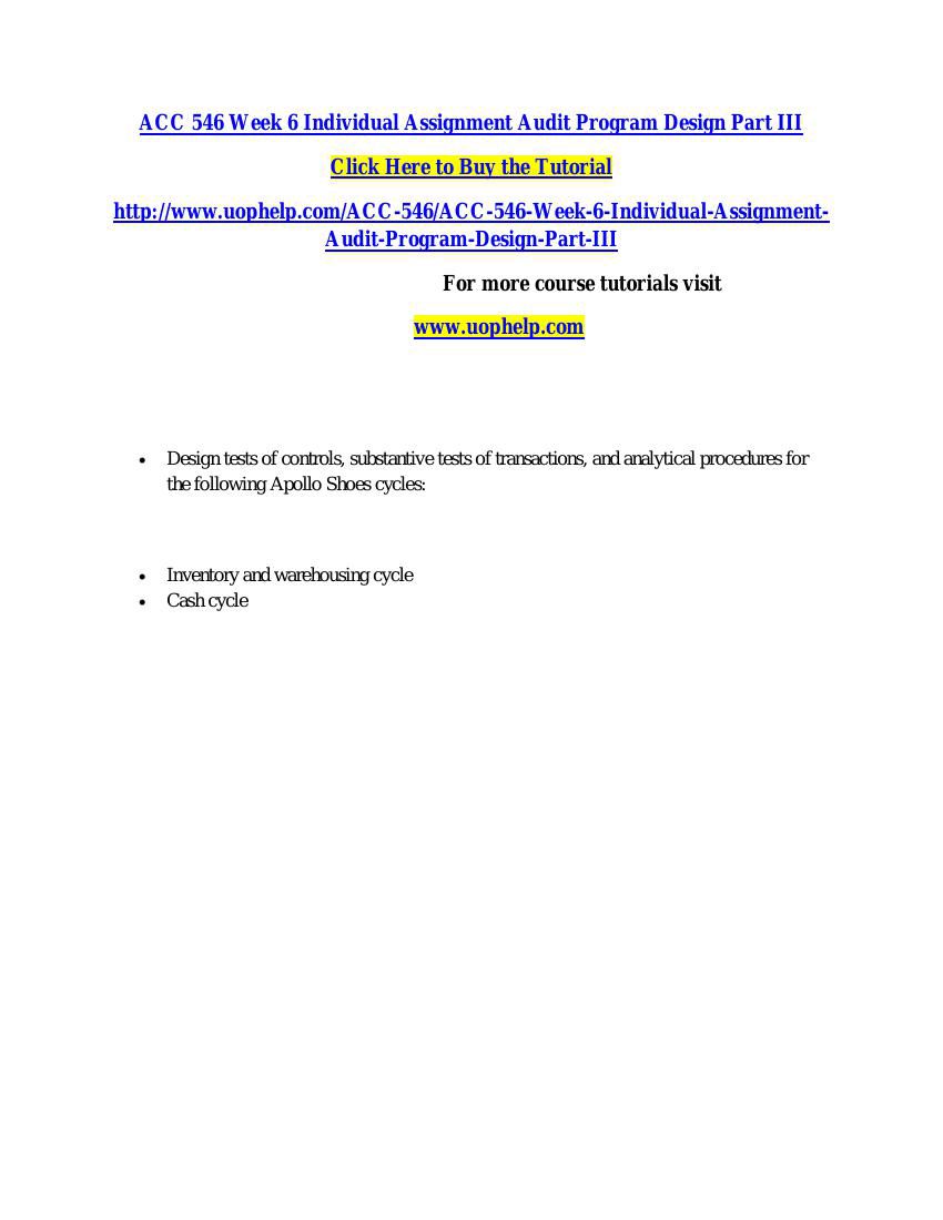 ACC 546 Week 6 Individual Assignment Audit Program Design Part I by ...