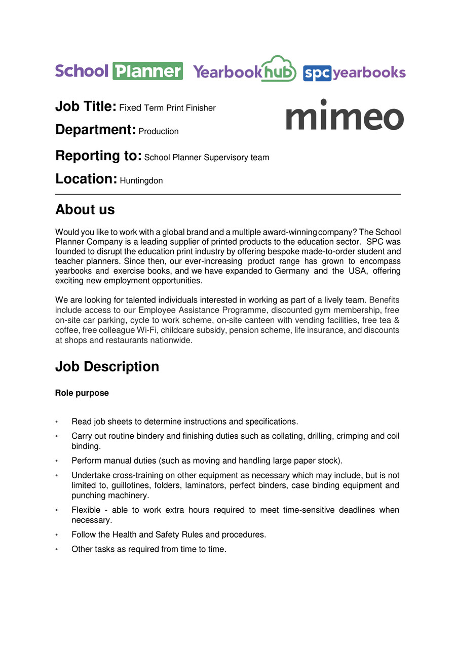 SPC FTC Print finisher Peak 2021 Job Description Advertising by SPC