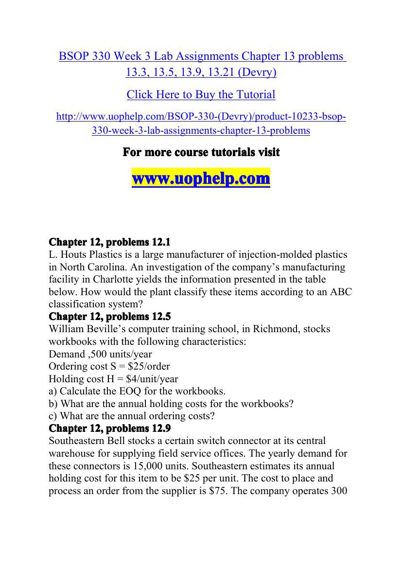 BSOP 330 Week 3 Lab Assignments Chapter 13 problems 13.3, 13.5, by ...