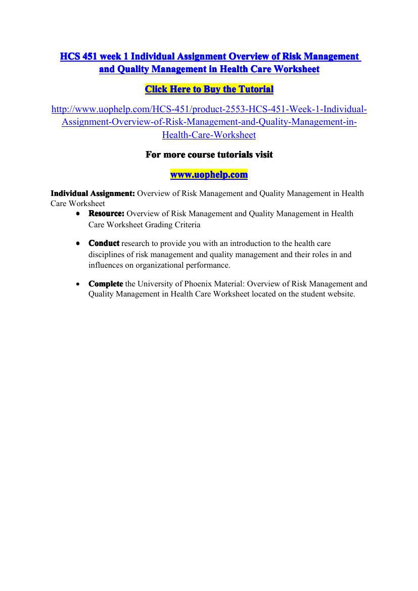 HCS 451 week 1 Individual Assignment Overview of Risk Management by