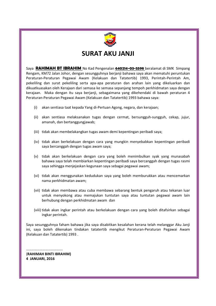 Borang Surat Aku Janji Spa