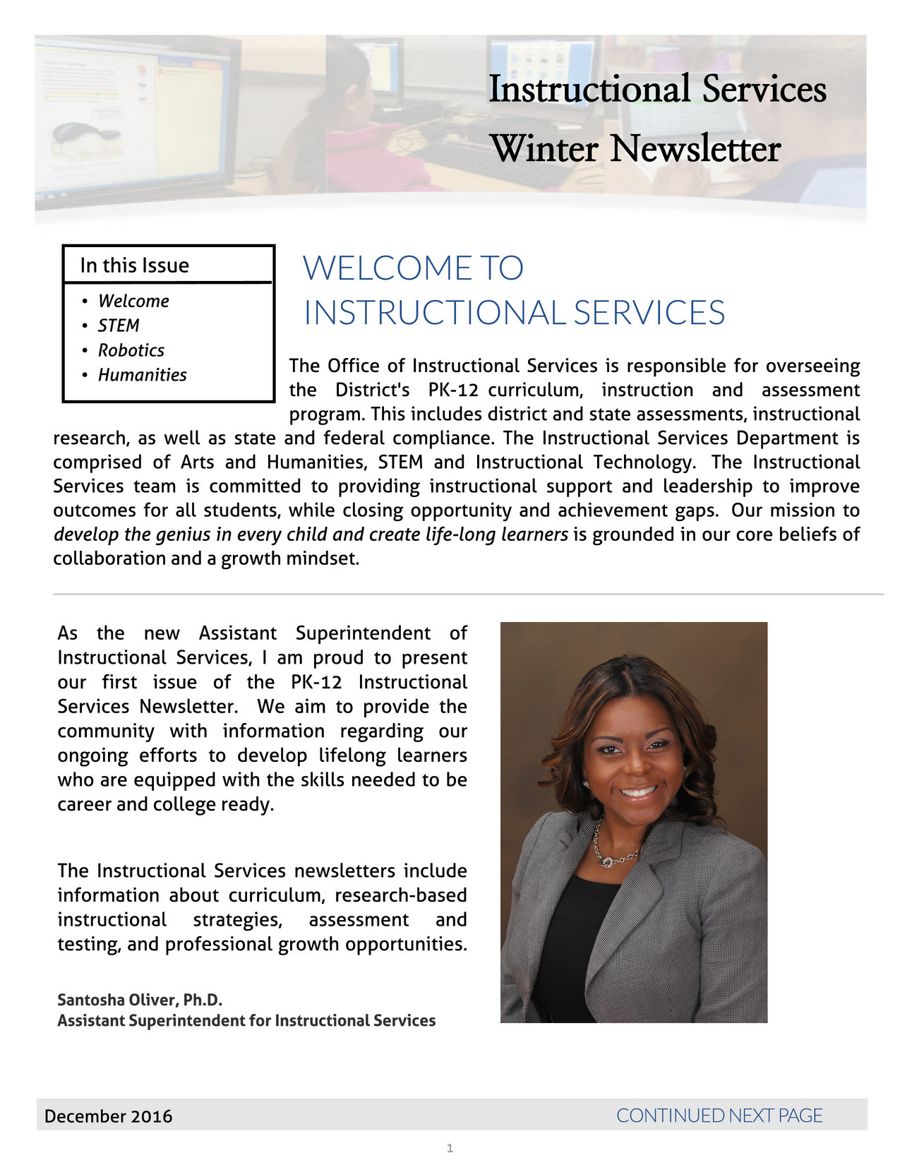 Windsor, CT Instructional Services Newsletter, Winter 2016 by District