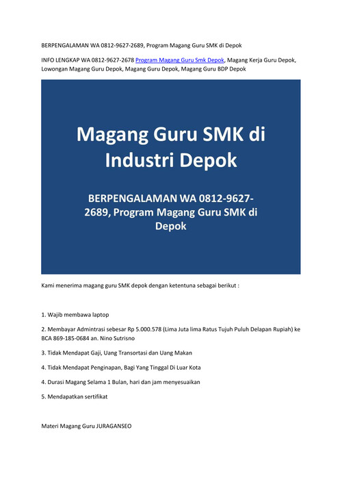 BERPENGALAMAN WA 0812 9627 2689, Program Magang Guru SMK di 