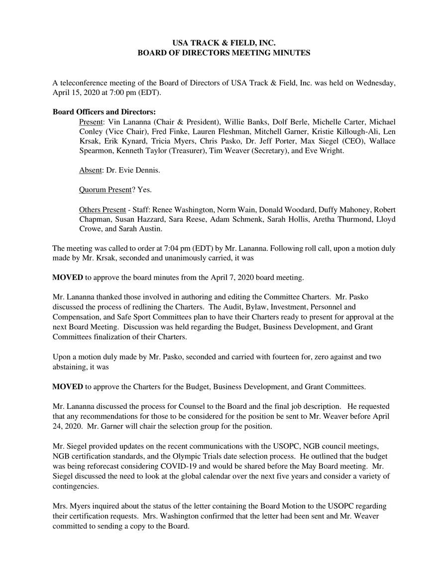 USATF Board of Directors Meeting Minutes April 15 2020 by sarah.linehan