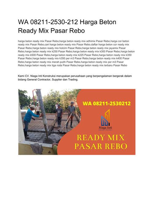 WA 08211-2530212 Harga Beton Ready Mix Pasar Rebo