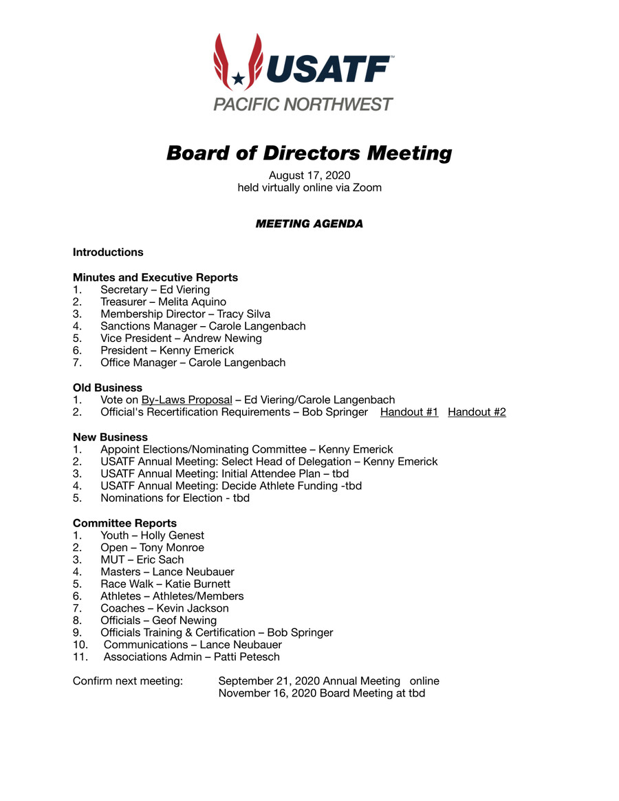 August 2020 USATF Pacific Northwest Board of Directors Meeti by sarah